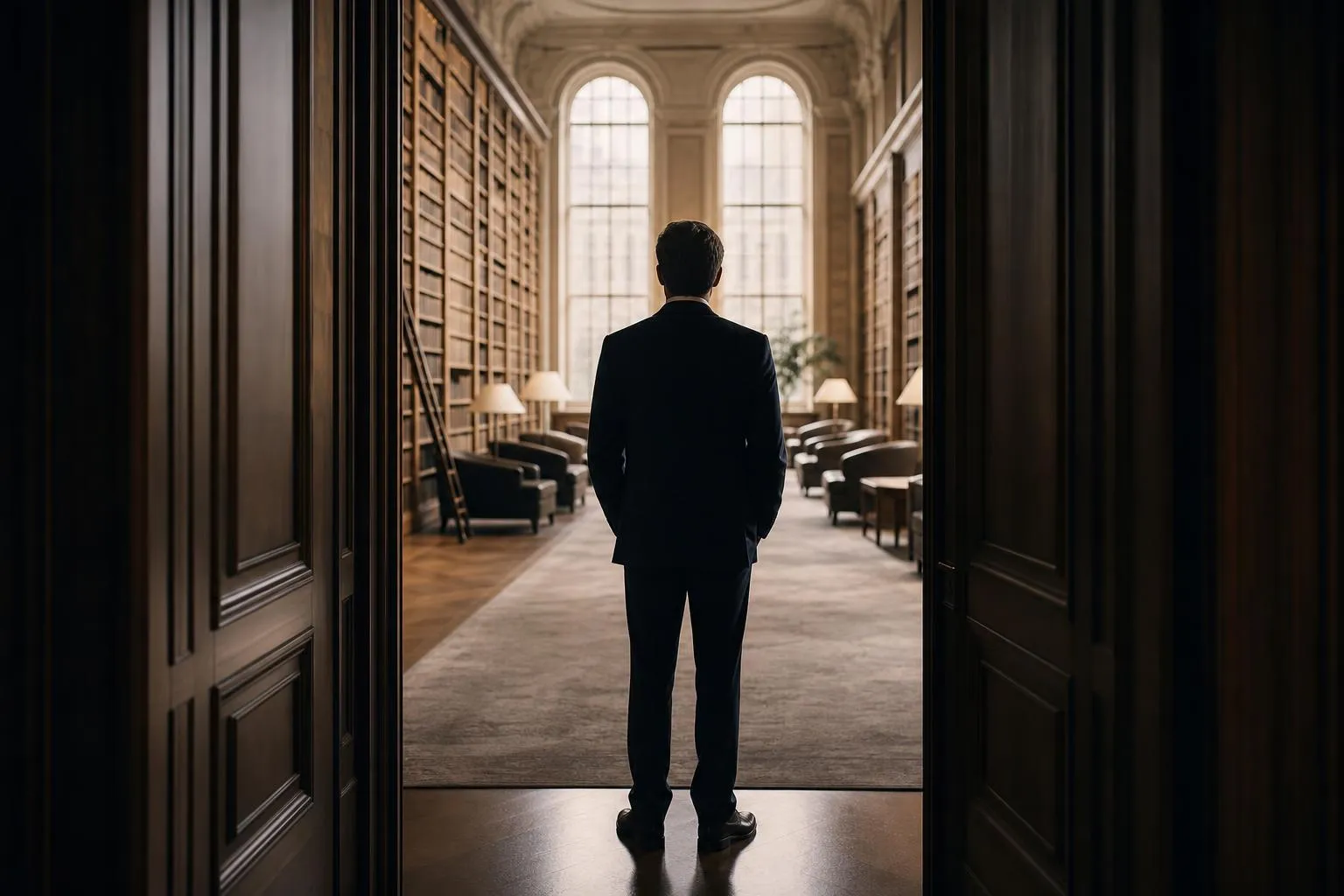 A solitary figure in profile, studying an organized space, symbolizing thoughtful financial decision-making.