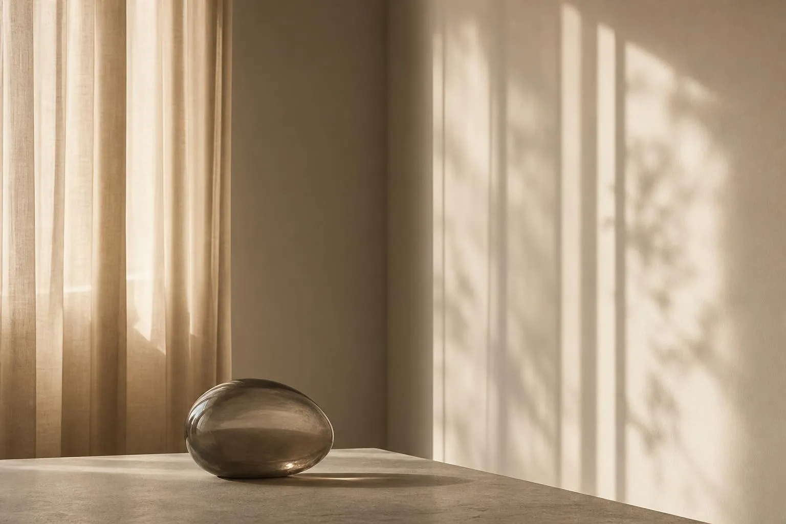 Soft sunlight through sheer curtains creates gentle shadows on a neutral wall, evoking calm restraint.