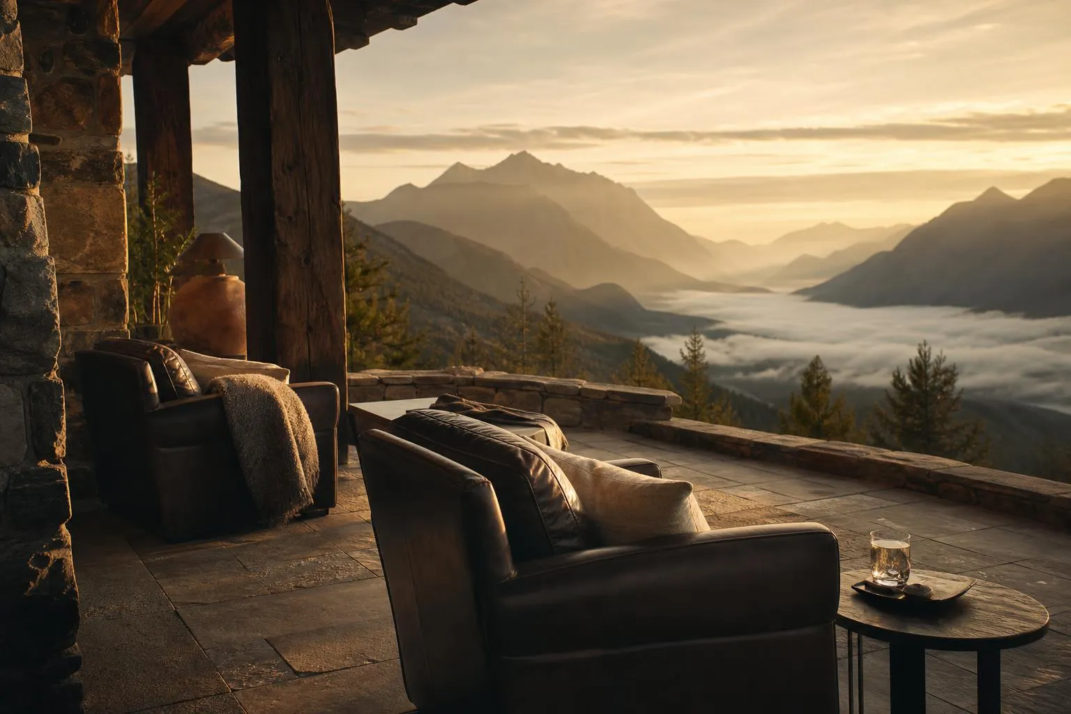 Alpine lodge terrace at dusk with comfortable seating overlooking a misty valley.