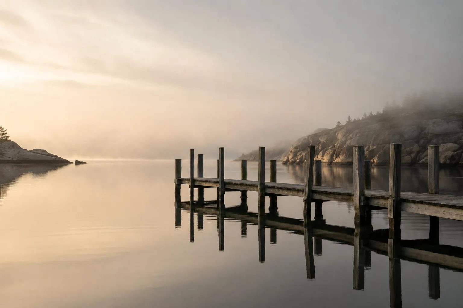 Serene coastal pier at dawn with calm water and misty cliffs in soft morning light