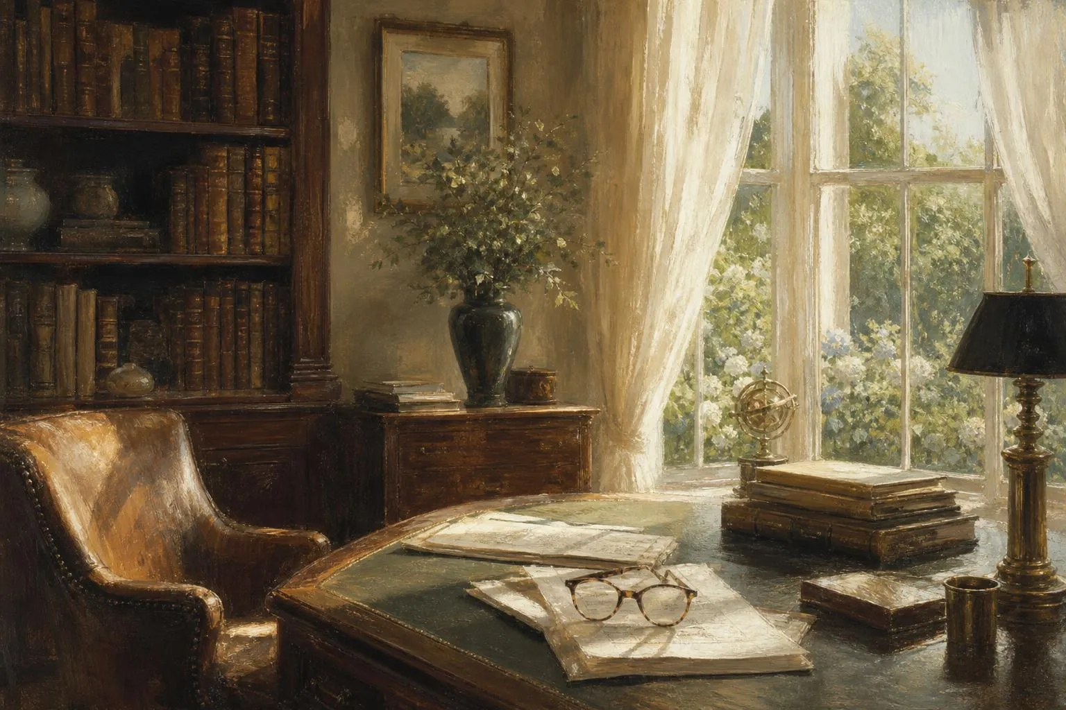 Soft impressionistic study of a quiet library corner with books and reading materials in diffused sunlight