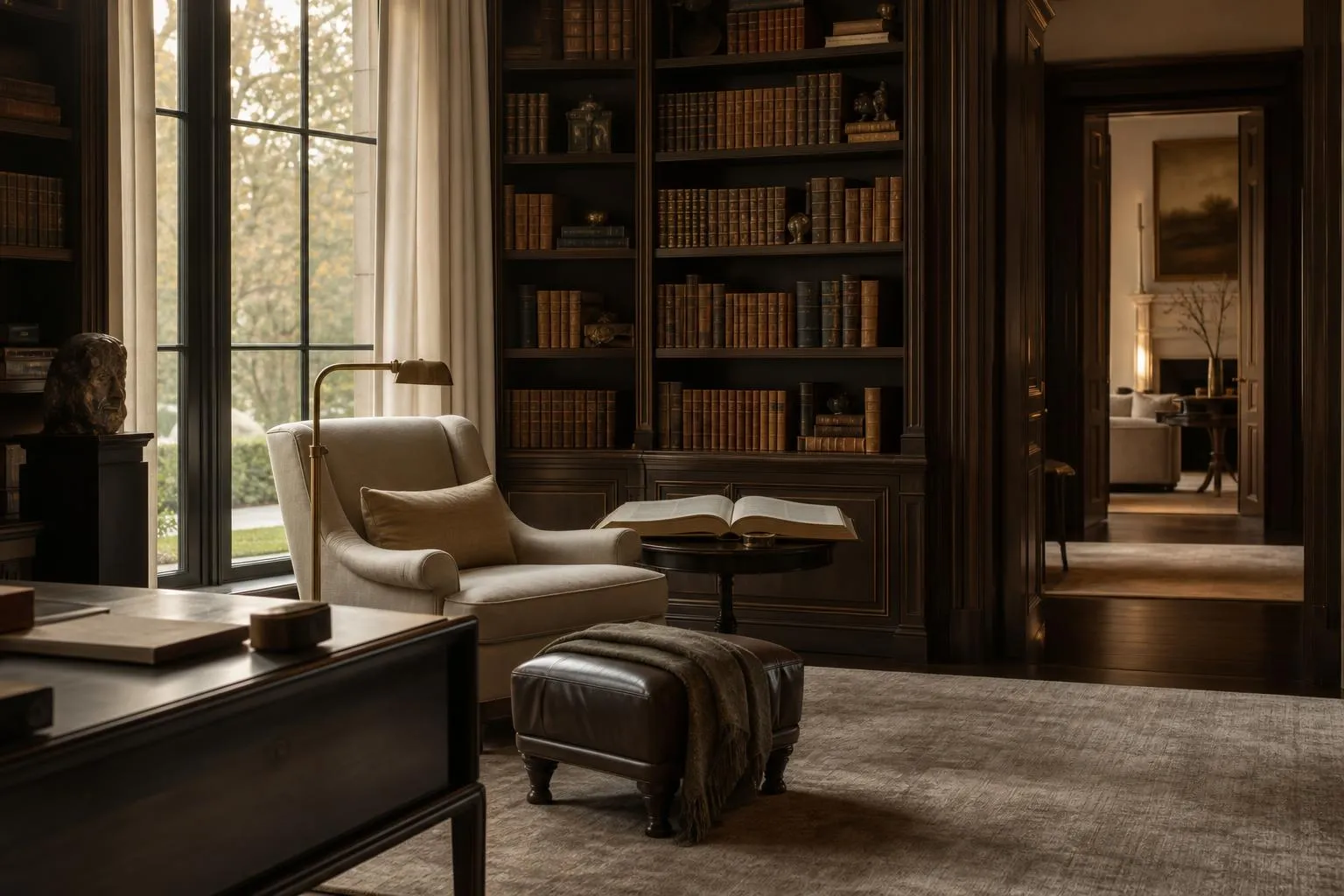 Sunlit private library with leather-bound books, a reading chair, and an open volume on a side table.