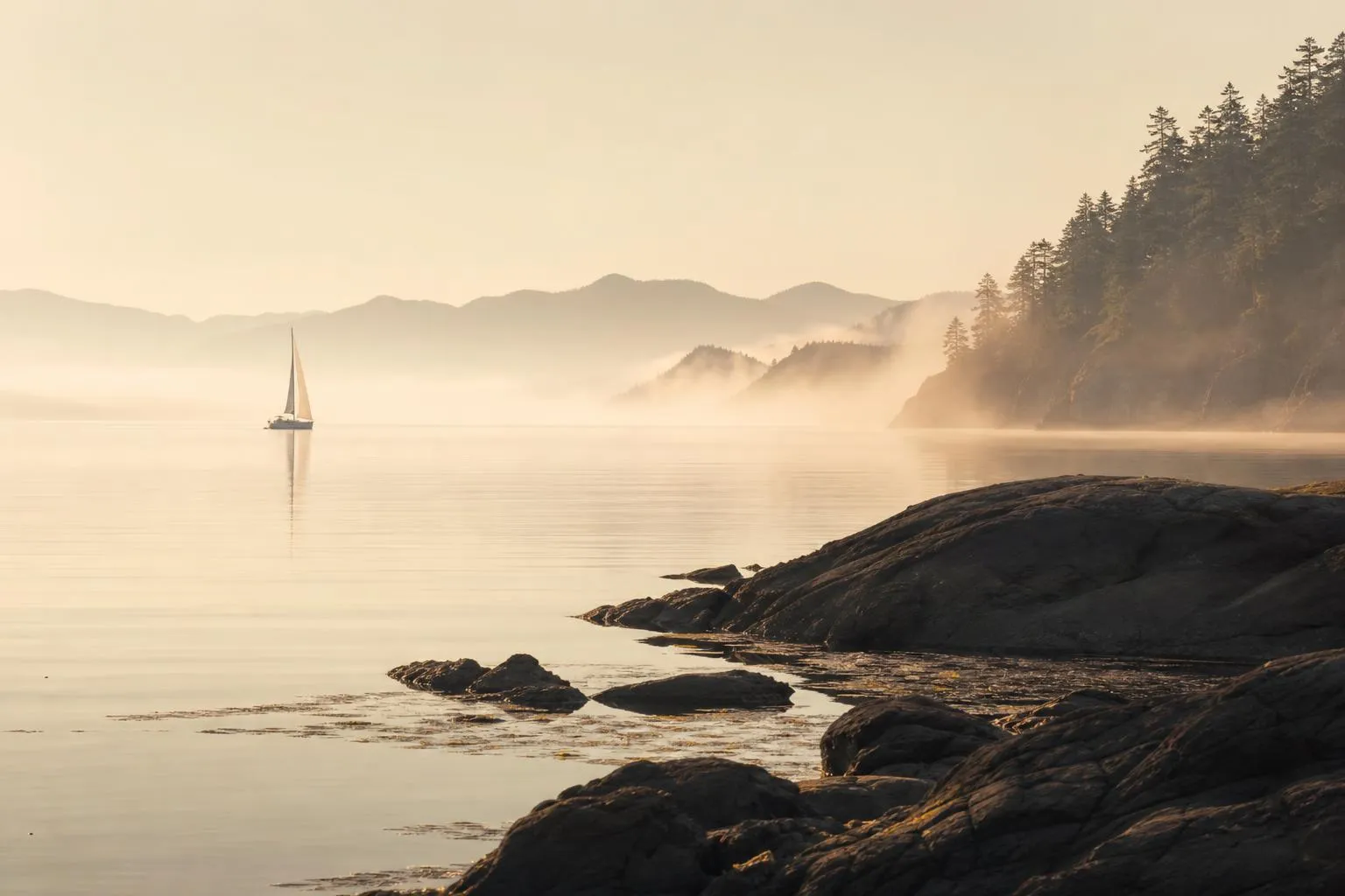 Misty coastal bay at dawn with a lone sailboat on calm water and forested cliffs beyond