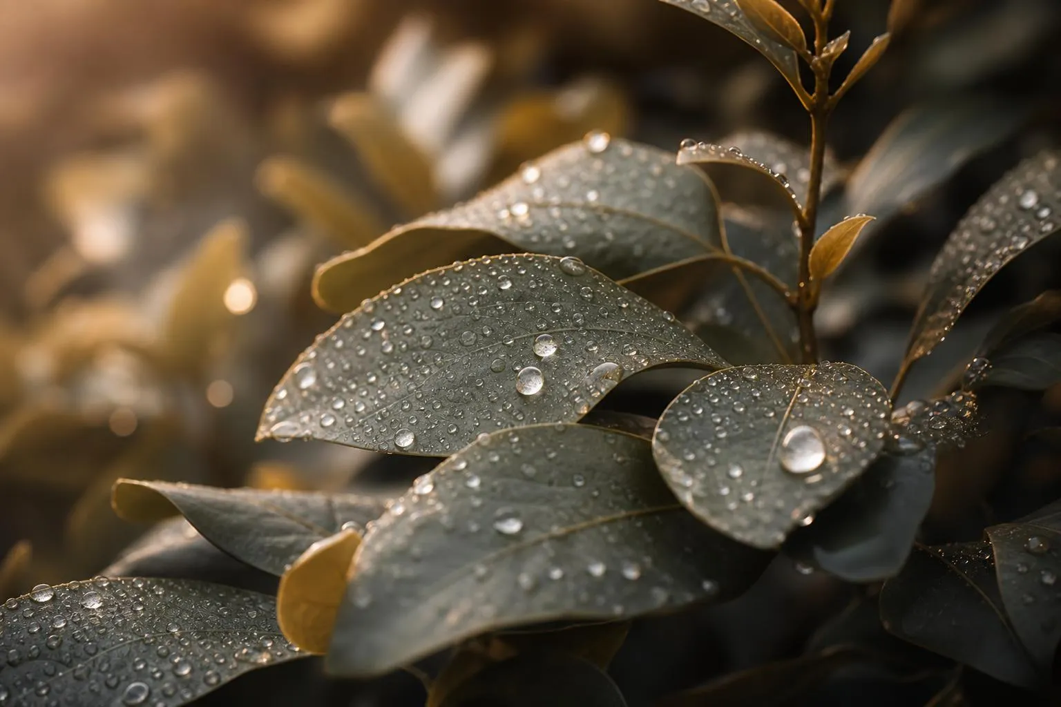 Morning dew on layered leaves in soft golden light, suggesting careful wealth stewardship