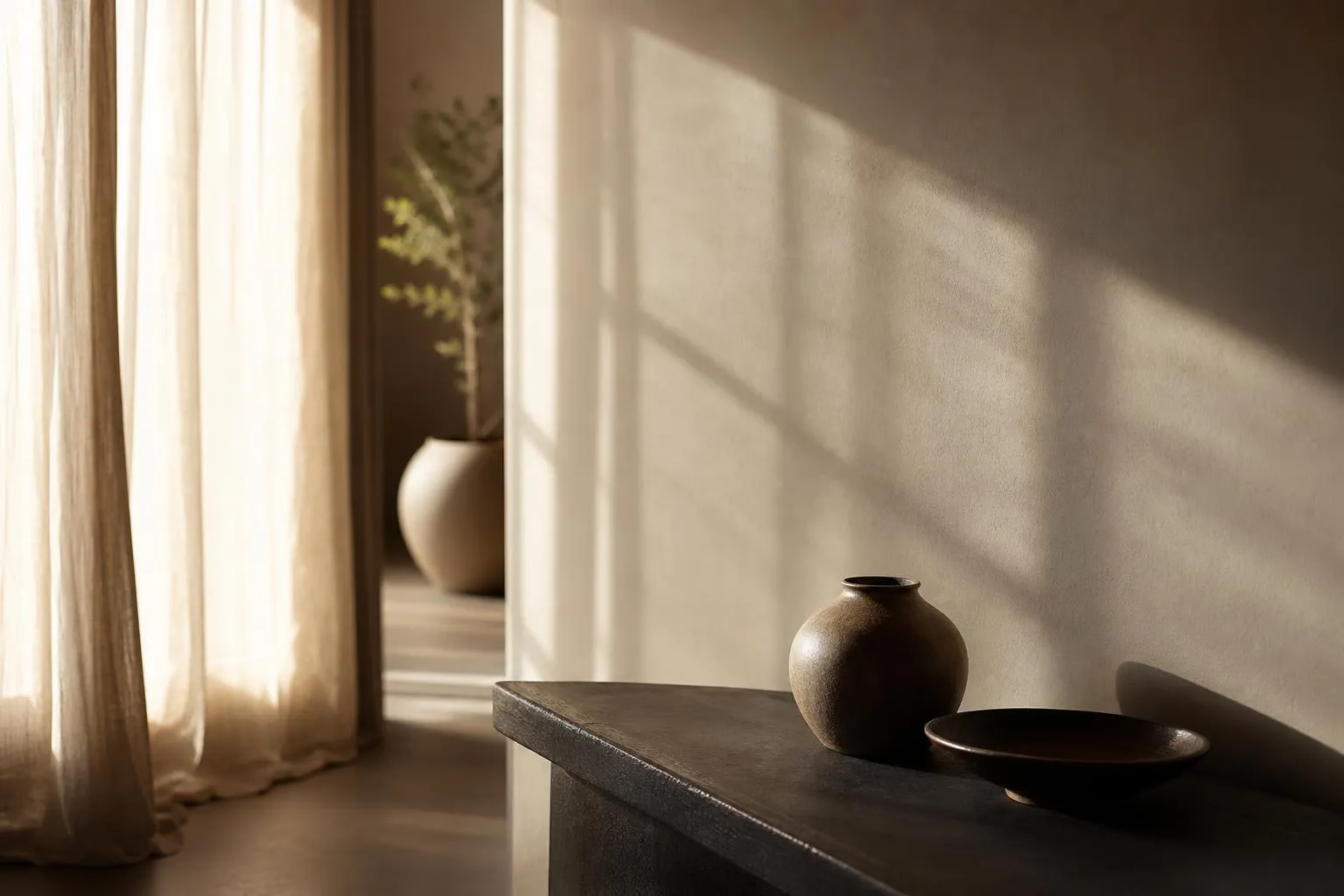 Soft sunlight filtering through sheer curtains, casting gentle shadows on a pale textured wall