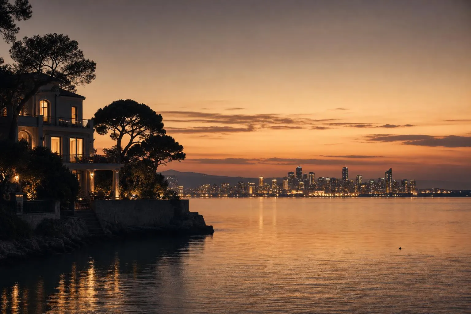 Distant city lights reflected in still water at dusk, serene and quiet