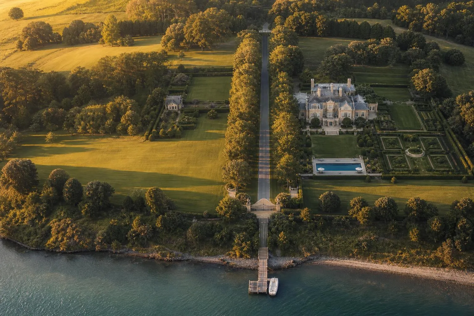 Aerial view of an ordered estate with defined zones, gardens, and waterfront access at golden hour.