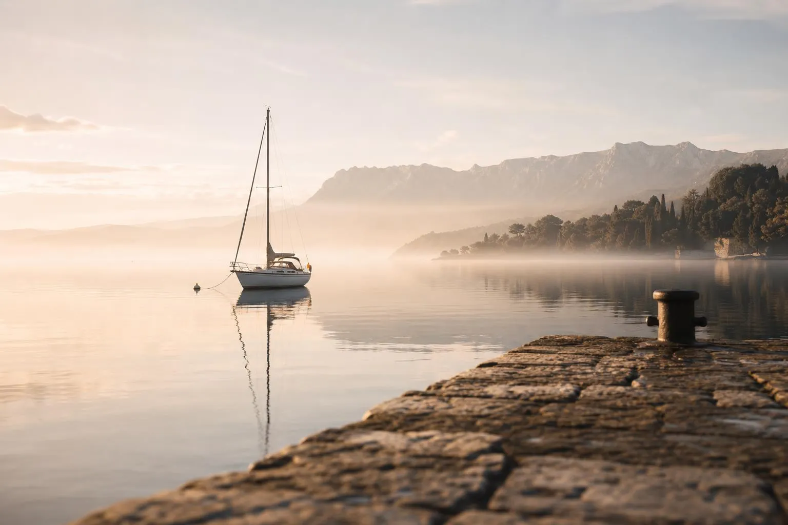Calm harbor at dawn with a single sailboat moored in still water.