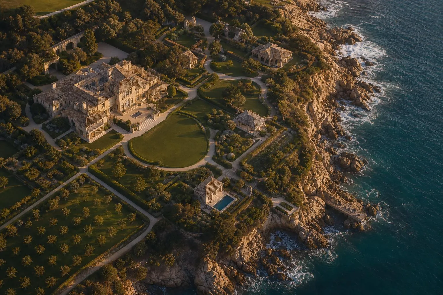 Aerial view of a multi-structure coastal estate showing layered geometric relationships and interconnected arrangement.