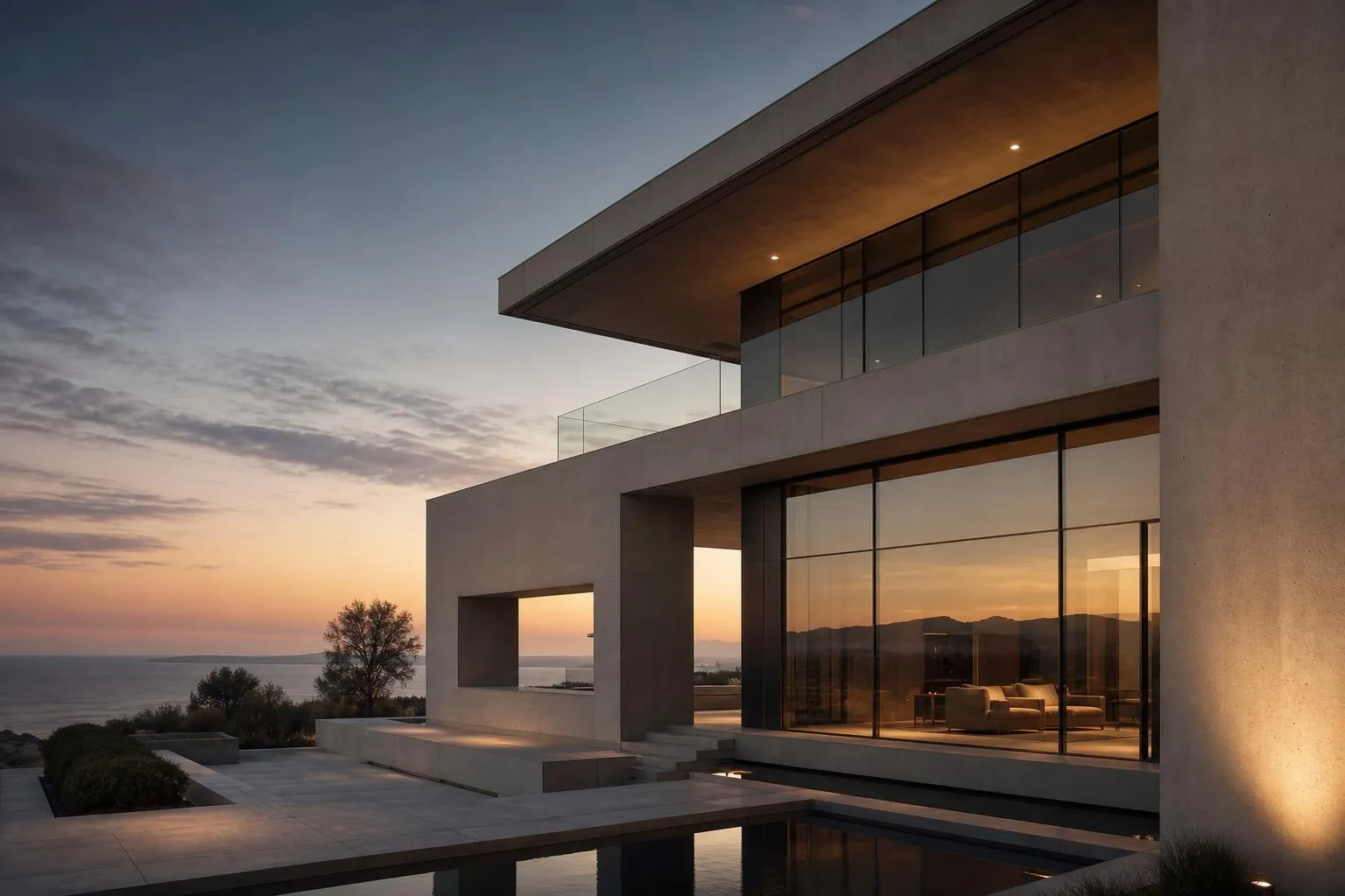 Modernist building facade with geometric lines and glass panels, photographed at dusk.