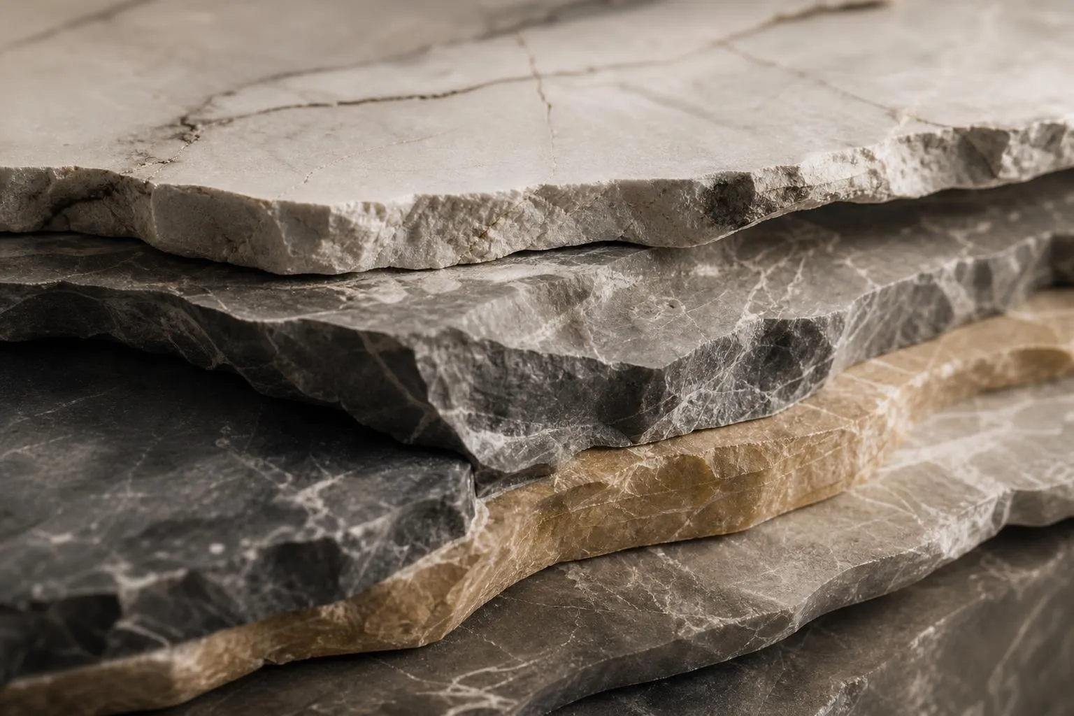Close-up of layered marble with fine veining and stratified tones in raking light