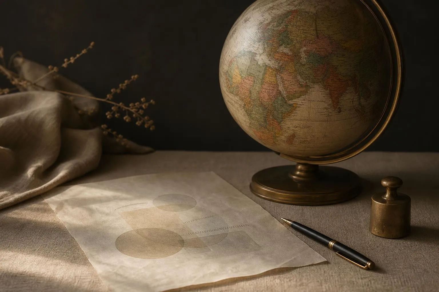 A minimalist still life: globe, papers, and pen arranged on linen, symbolizing thoughtful emerging-market allocation decisions.