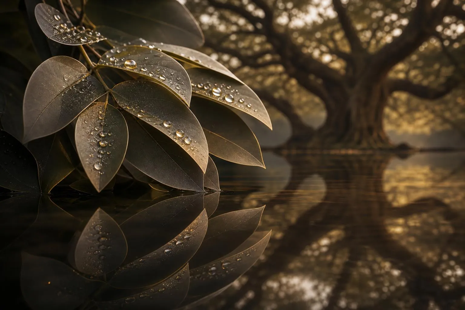 Dew-covered leaves on an ancient tree, reflecting light and complexity of growth.
