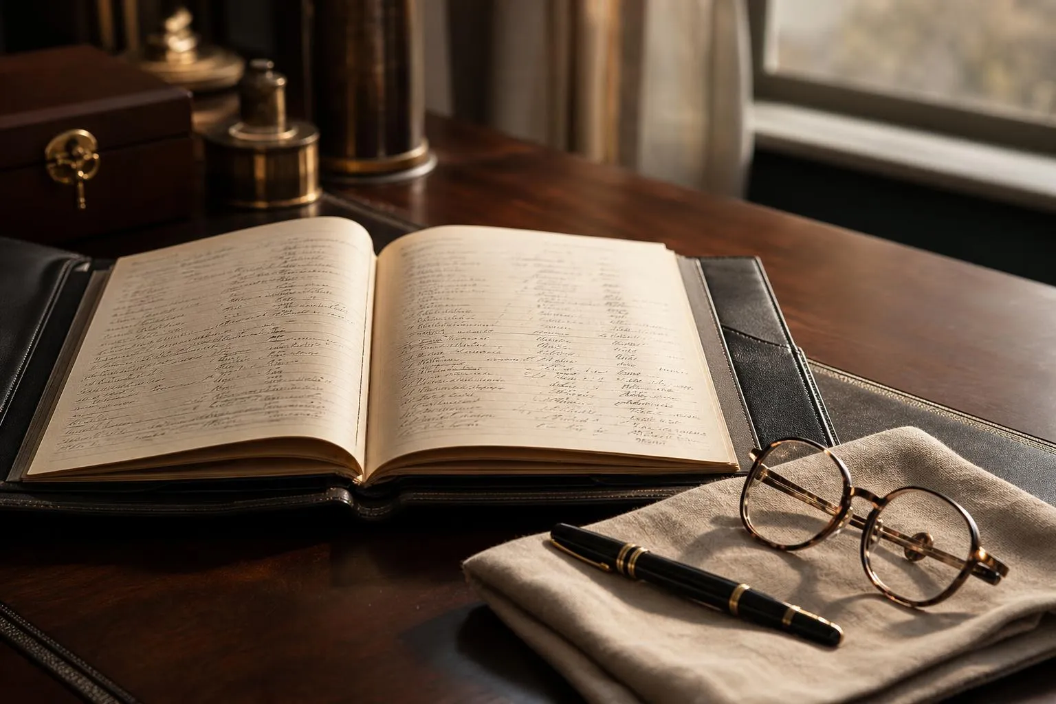 An open ledger with a fountain pen and glasses on a mahogany desk, suggesting detailed financial review.