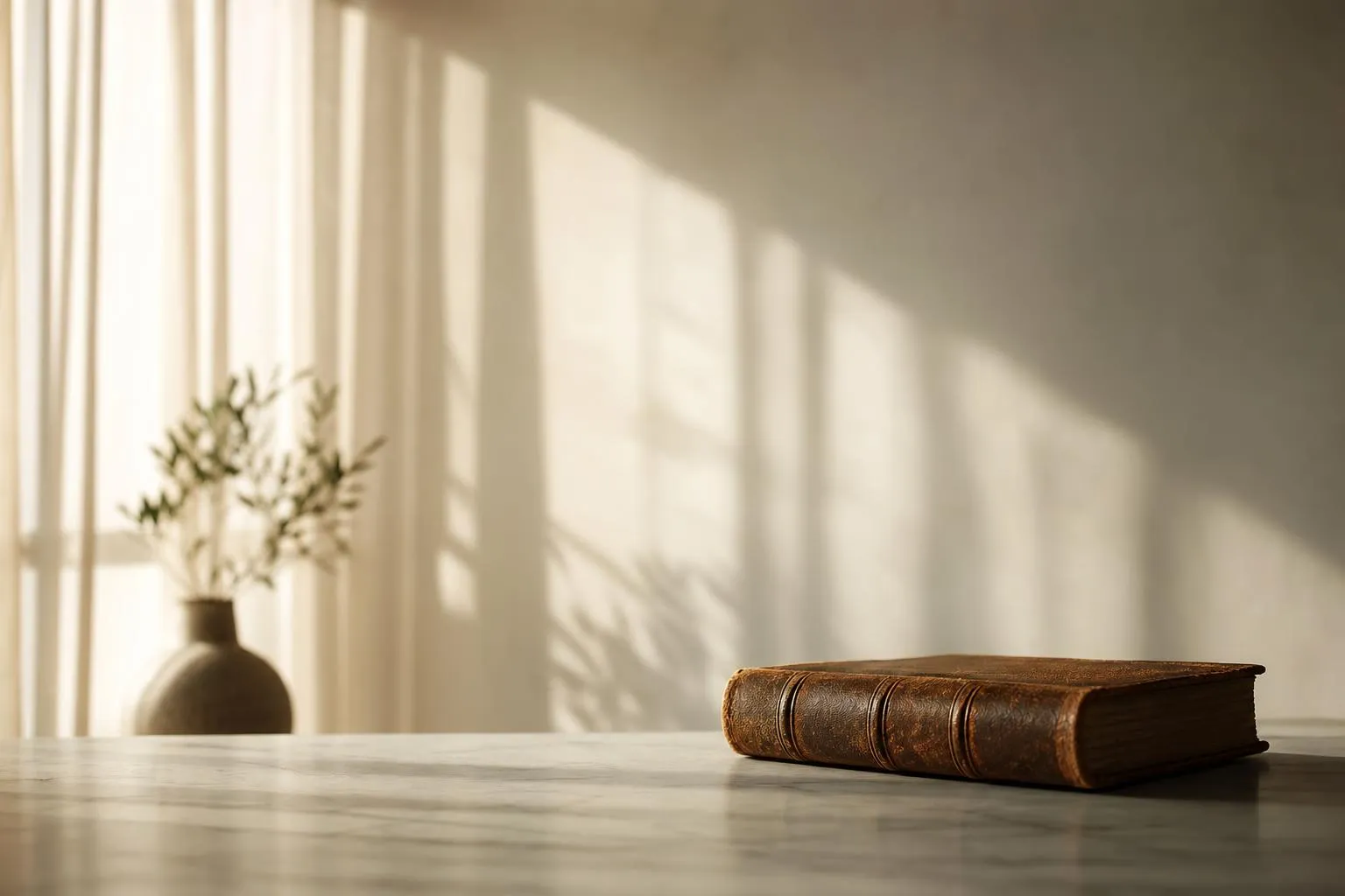 Sunlight through sheer curtains creates soft shadows on a minimalist interior wall, evoking quiet restraint and understated elegance.