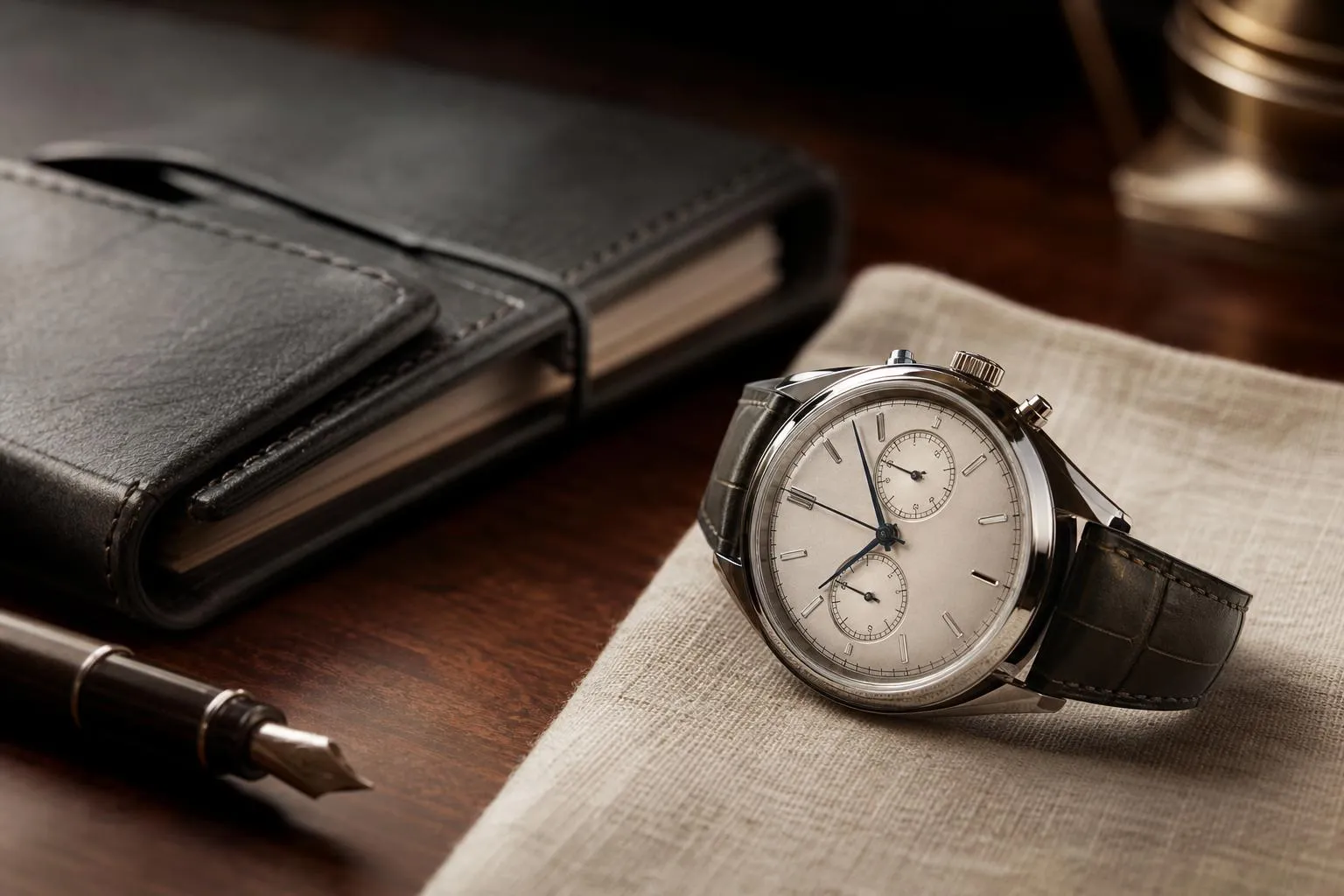 Close-up of a luxury watch on linen with portfolio and pen, symbolizing precision wealth management.