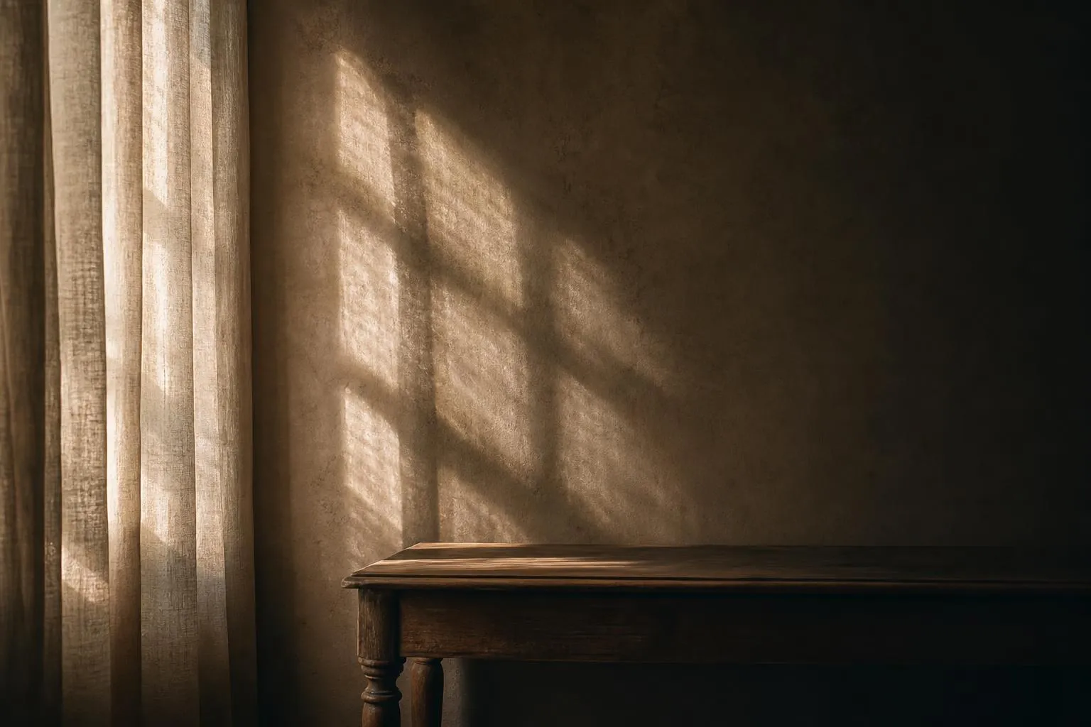 Sunlight through sheer curtains casts soft shadows across a minimalist interior wall and furniture.