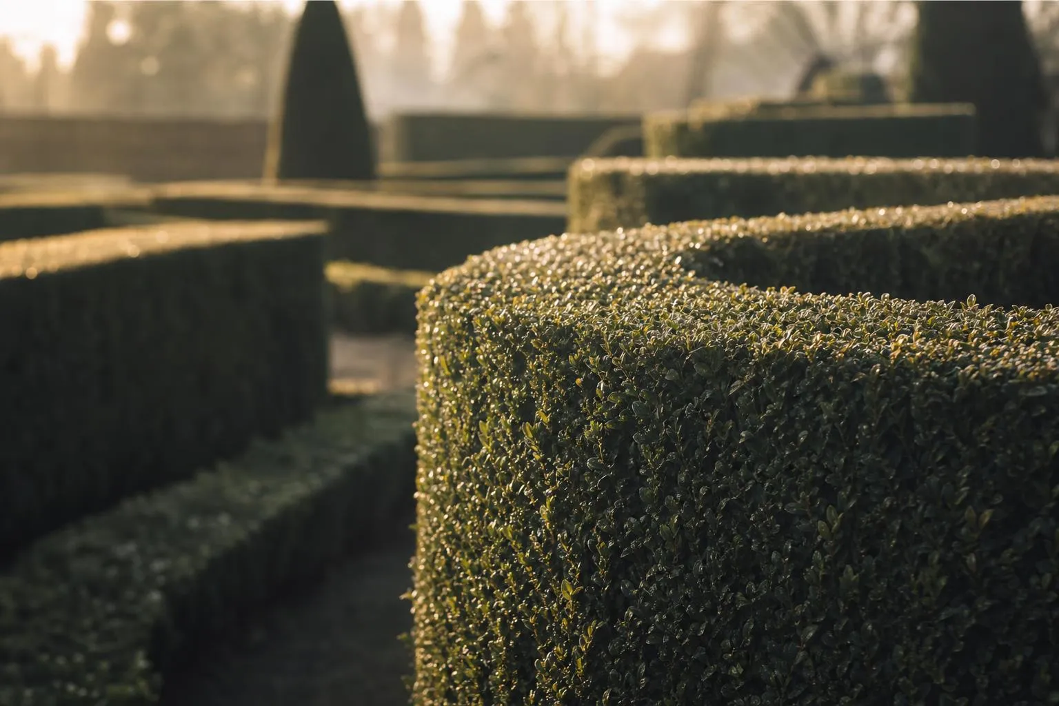 Close-up of trimmed hedge foliage with dew drops, geometric pattern suggesting hidden structure and complexity.