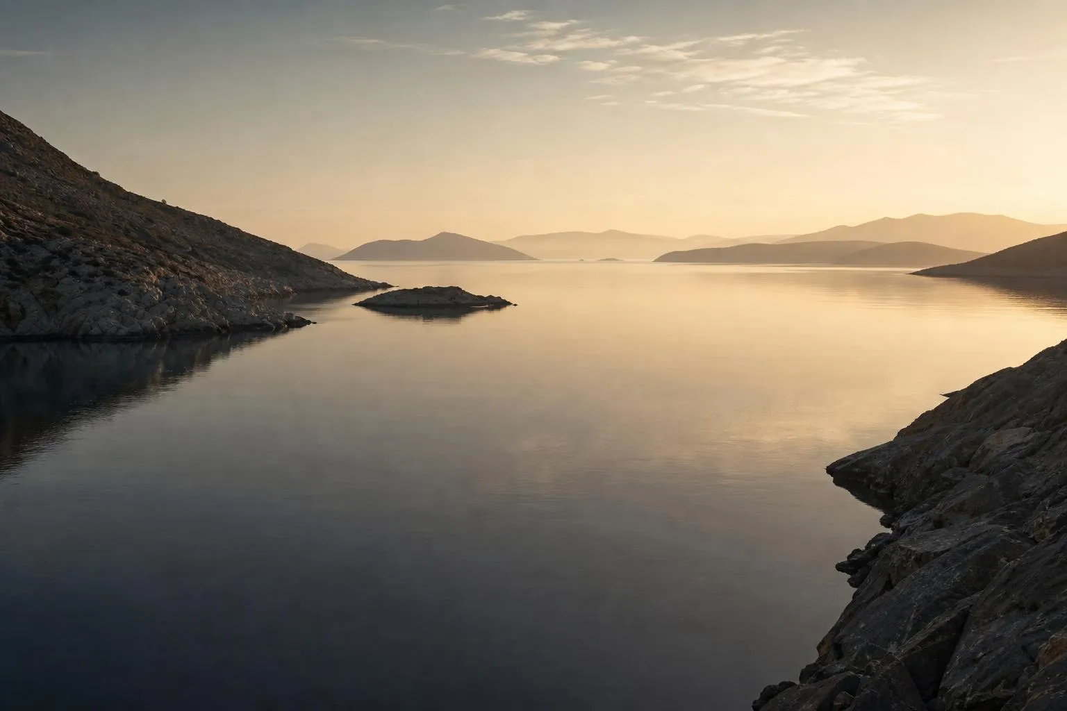 Calm coastal waters at dawn between dark headlands, reflecting pale light