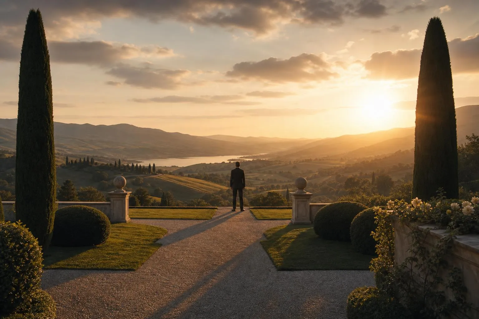 A solitary figure stands in a sunlit landscape at dusk, facing toward the horizon across expansive grounds.