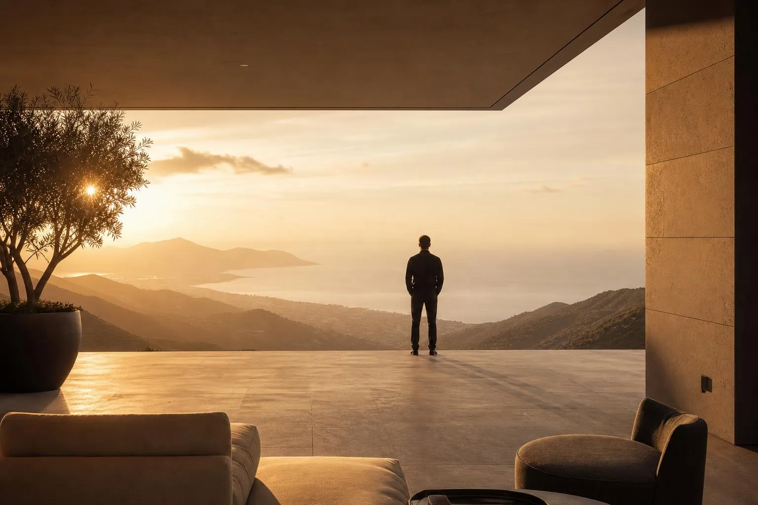 A solitary figure gazes across an expansive landscape at golden hour, suggesting perspective and scale.